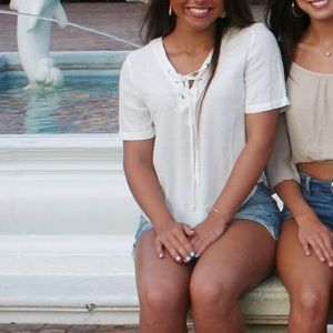 White lace up short sleeve top
